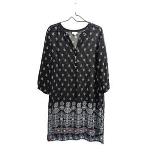 J.Jill Black Geo Boho Shift Dress Lightweight Sheer Long Sleeve Beach Travel L
